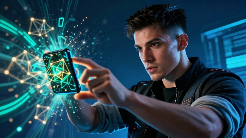 Мужчина взаимодействует с визуализацией энергии TRON на смартфоне, символизирующей рынок делегированных ресурсов
