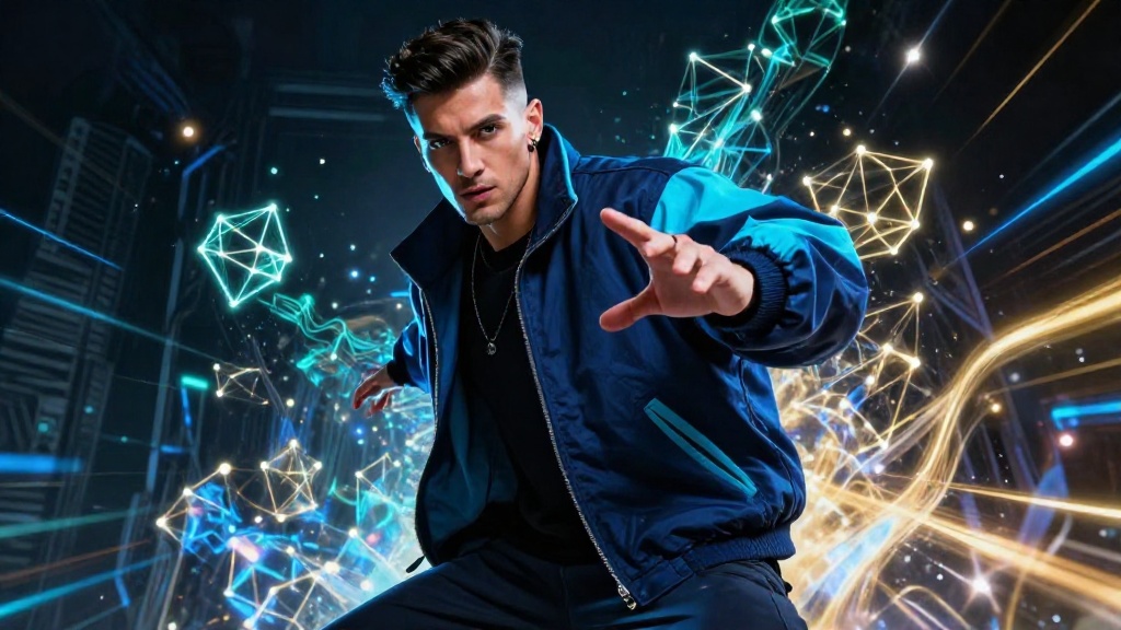 Мужчина принимает решение на рынке энергии TRON на фоне абстрактных цифровых потоков и узлов блокчейна