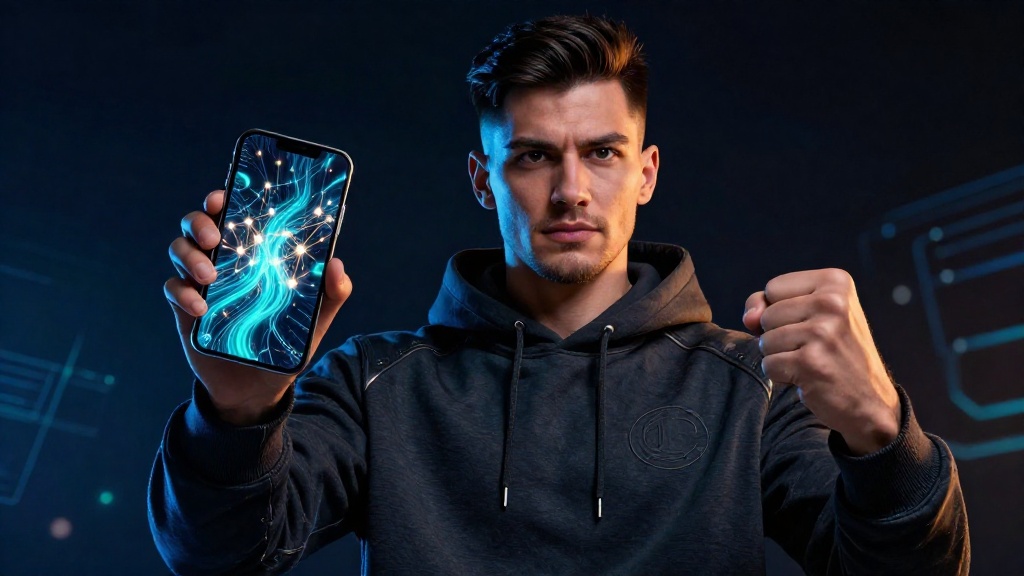 Мужчина изучает рынок энергии TRON на смартфоне с визуализацией потоков делегированных ресурсов